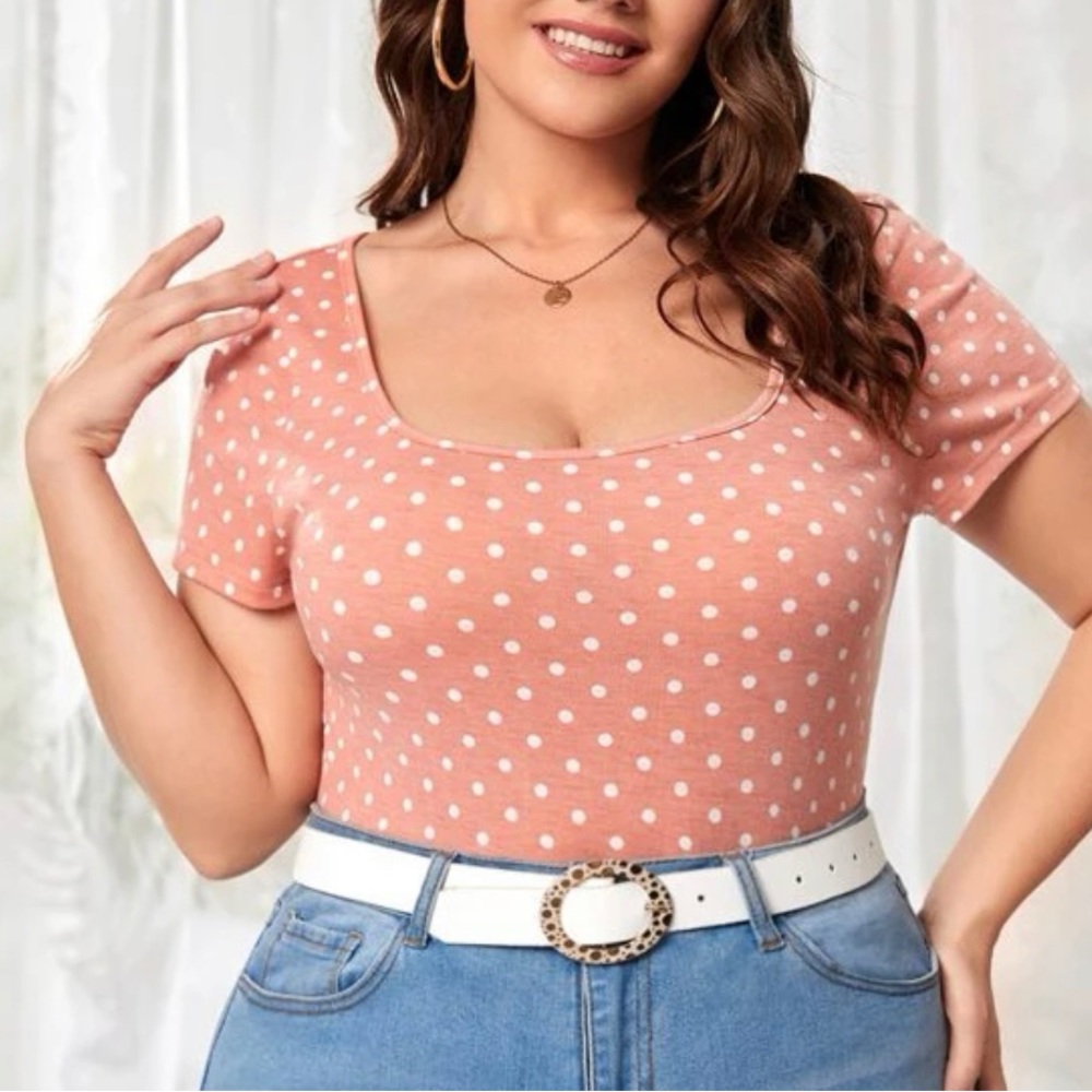 SHEIN Clasi Plus Scoop Neck Polka Dot Slim Tee Sz 3XL